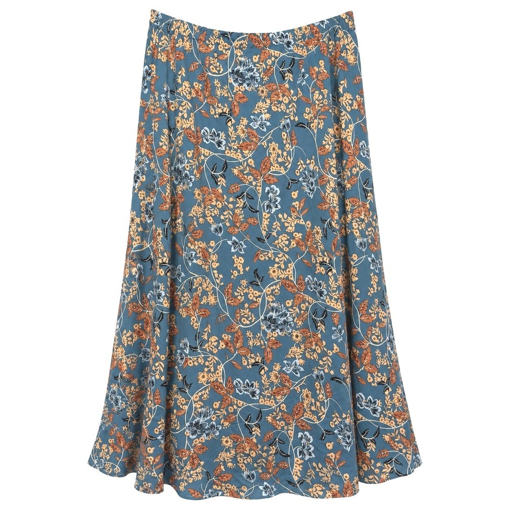 Monterey Bay Floral Maxi Skirt‎ Blue Tan Rayon A-line Elastic Waist Women's XL